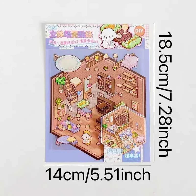 Korean Style Puppy 3D Room Stickers - 4 Theme Sets: Puppy Clothing Shop | Puppy House | Puppy Dessert Shop | Puppy Library