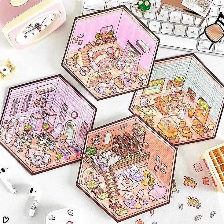 Korean Style Puppy 3D Room Stickers - 4 Theme Sets: Puppy Clothing Shop | Puppy House | Puppy Dessert Shop | Puppy Library