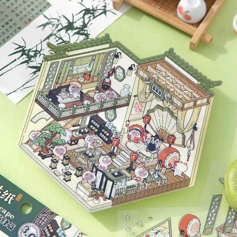 Chinese Style 3D Room Stickers - 4 Theme Sets: Panda Baozi Shop | Panda Hanfu Store | Tea House | Antique Shop