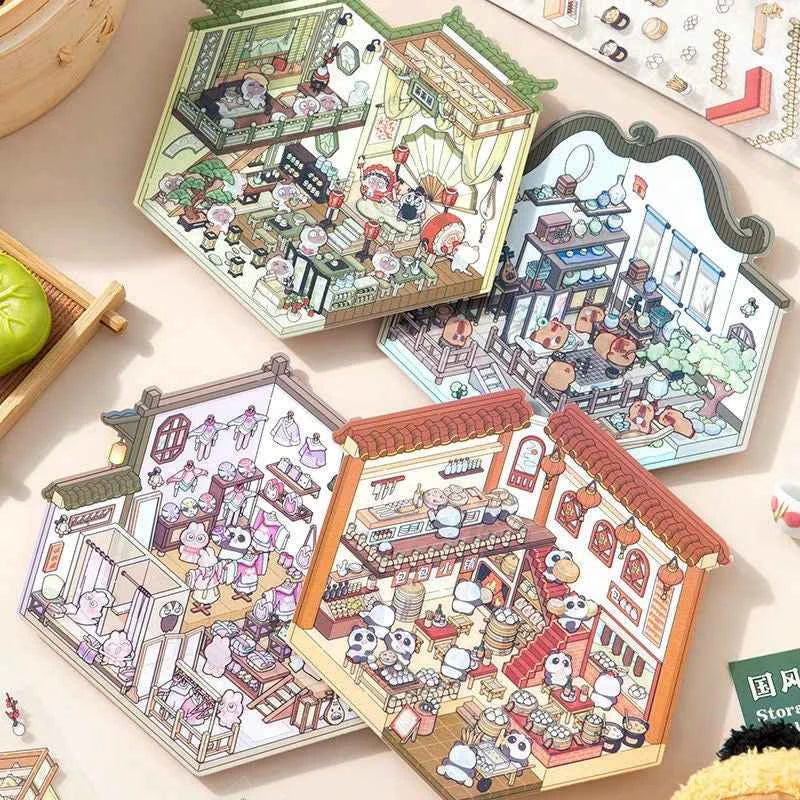 Chinese Style 3D Room Stickers - 4 Theme Sets: Panda Baozi Shop | Panda Hanfu Store | Tea House | Antique Shop