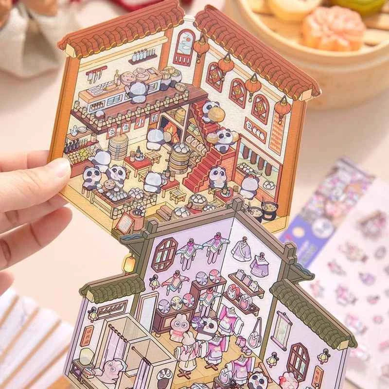Chinese Style 3D Room Stickers - 4 Theme Sets: Panda Baozi Shop | Panda Hanfu Store | Tea House | Antique Shop