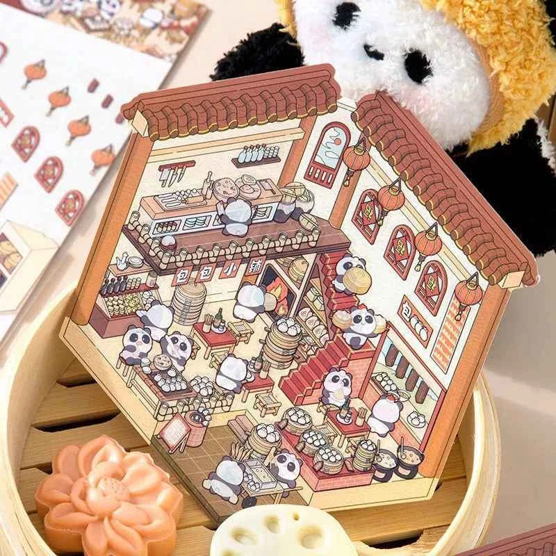 Chinese Style 3D Room Stickers - 4 Theme Sets: Panda Baozi Shop | Panda Hanfu Store | Tea House | Antique Shop