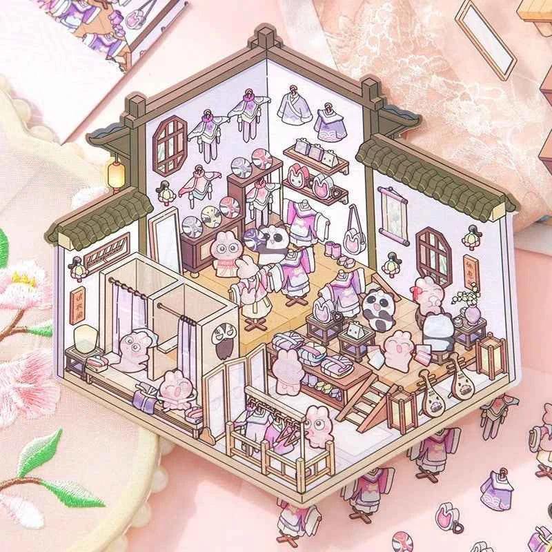 Chinese Style 3D Room Stickers - 4 Theme Sets: Panda Baozi Shop | Panda Hanfu Store | Tea House | Antique Shop
