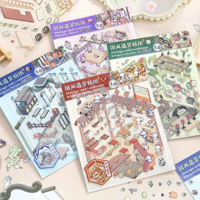 Chinese Style 3D Room Stickers - 4 Theme Sets: Panda Baozi Shop | Panda Hanfu Store | Tea House | Antique Shop