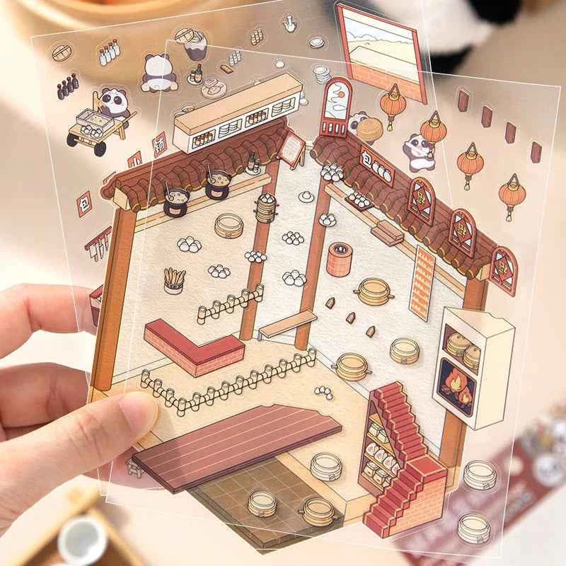Chinese Style 3D Room Stickers - 4 Theme Sets: Panda Baozi Shop | Panda Hanfu Store | Tea House | Antique Shop