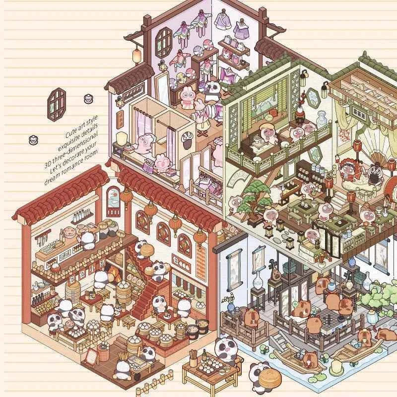 Chinese Style 3D Room Stickers - 4 Theme Sets: Panda Baozi Shop | Panda Hanfu Store | Tea House | Antique Shop