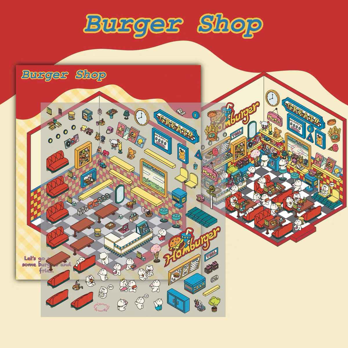 Migi's Happy Summer 3D Room Stickers - 9 Theme Sets: Work Time | Bookstore | Crane Game | Night Market | Izakaya | Tea Restaurant | Sweet Shop | Burger Shop | Hot Pot Restaurant