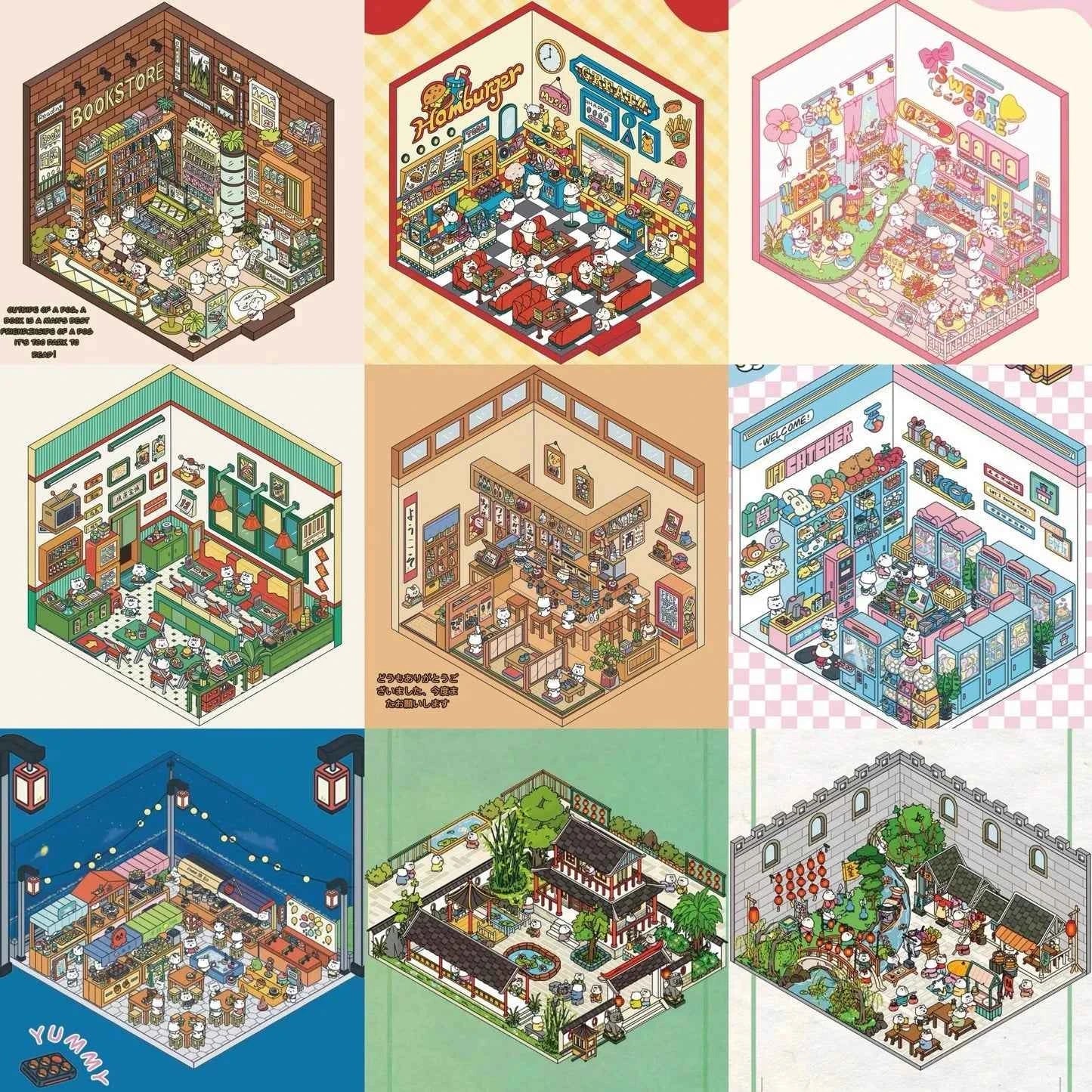 Migi's Happy Summer 3D Room Stickers - 9 Theme Sets: Work Time | Bookstore | Crane Game | Night Market | Izakaya | Tea Restaurant | Sweet Shop | Burger Shop | Hot Pot Restaurant