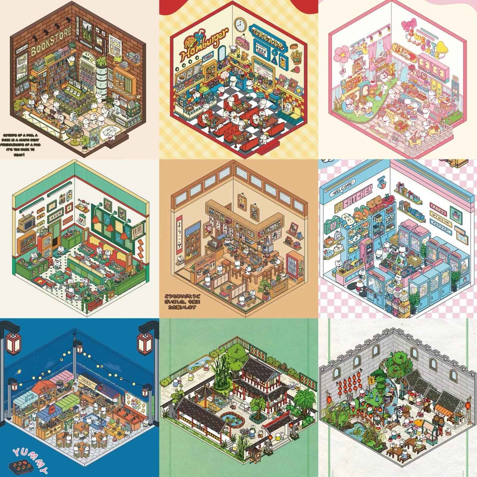 Migi's Happy Summer 3D Room Stickers - 9 Theme Sets: Work Time | Bookstore | Crane Game | Night Market | Izakaya | Tea Restaurant | Sweet Shop | Burger Shop | Hot Pot Restaurant
