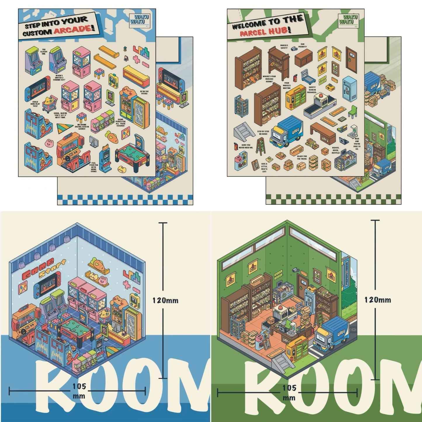Simulation Business 3D Isometric Room Stickers - 3 Theme Sets: Arcade | Parcel Hub | Record Store