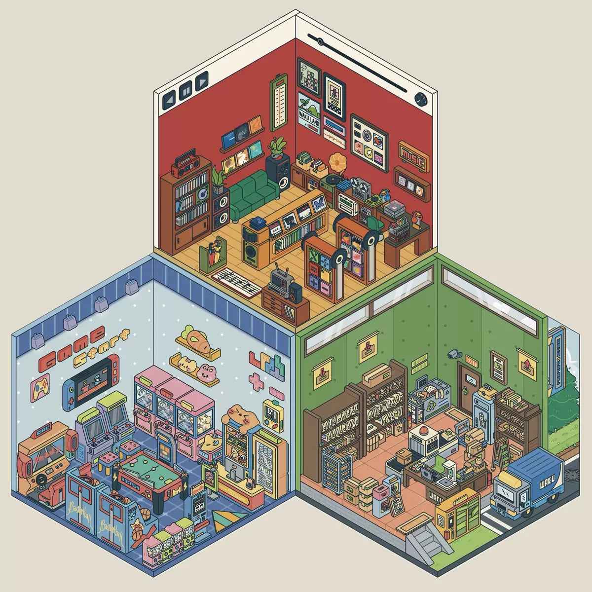 Simulation Business 3D Isometric Room Stickers - 3 Theme Sets: Arcade | Parcel Hub | Record Store