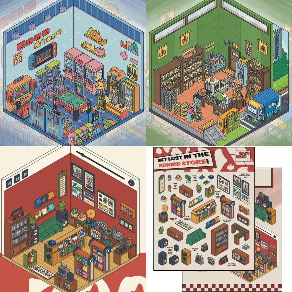 Simulation Business 3D Isometric Room Stickers - 3 Theme Sets: Arcade | Parcel Hub | Record Store