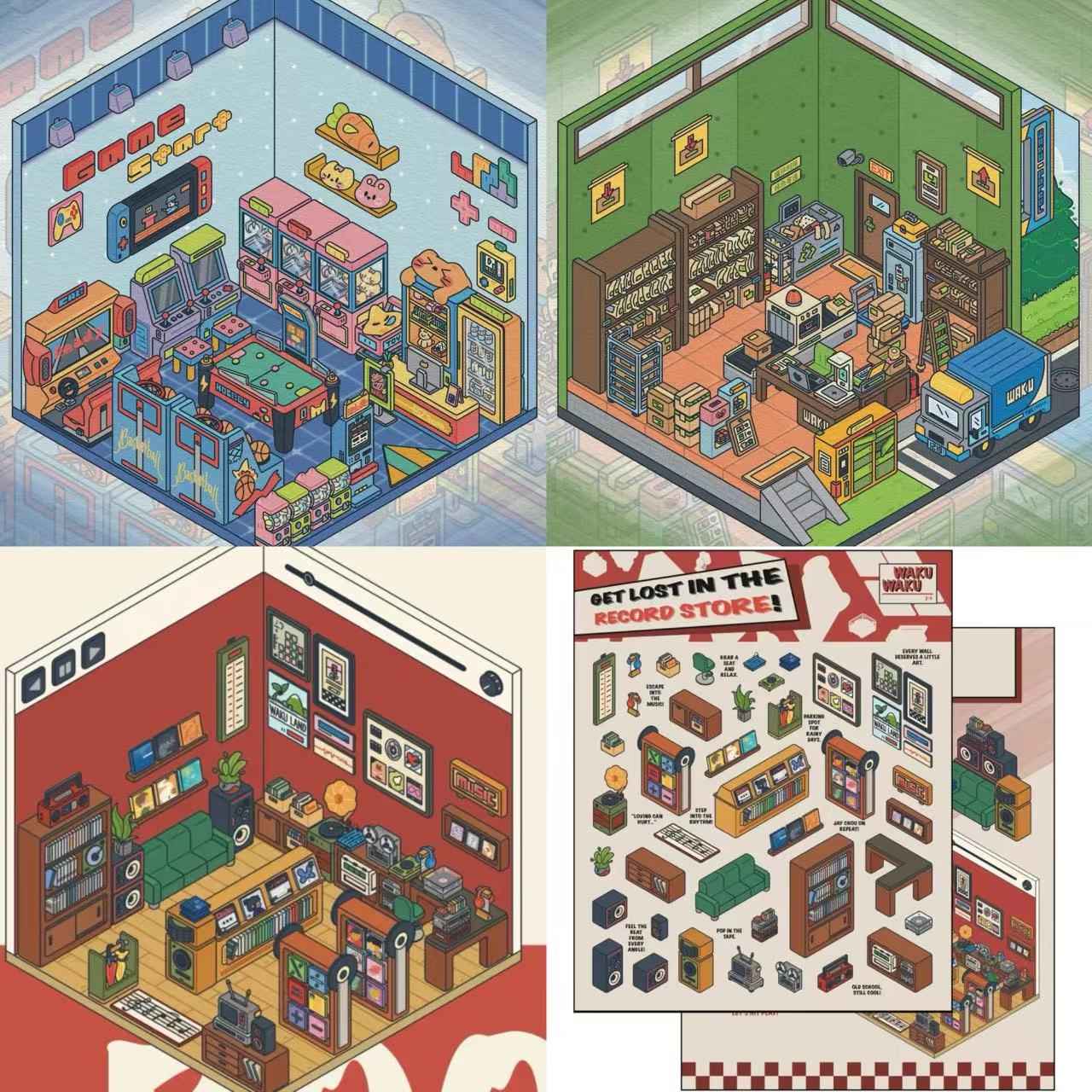 Simulation Business 3D Isometric Room Stickers - 3 Theme Sets: Arcade | Parcel Hub | Record Store