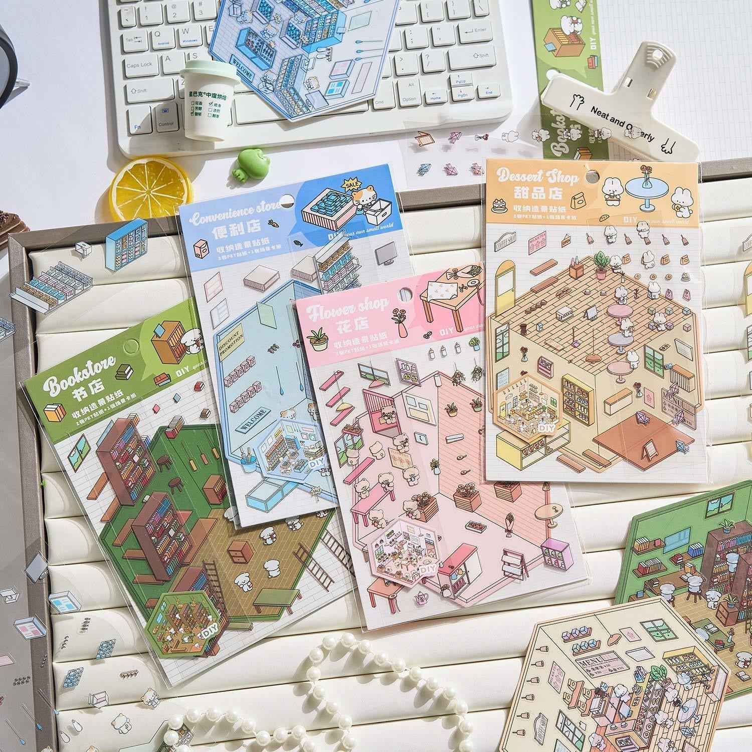 Animal Business 3D Isometric Room Stickers - 4 Theme Sets: Bunny Dessert Shop | Puppy Bookstore | Bear Flower Shop | Kitten Convenience Store
