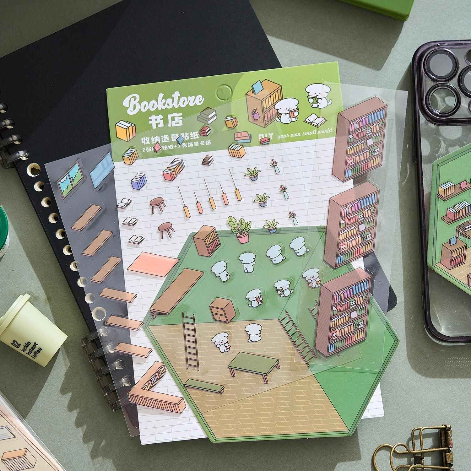Animal Business 3D Isometric Room Stickers - 4 Theme Sets: Bunny Dessert Shop | Puppy Bookstore | Bear Flower Shop | Kitten Convenience Store