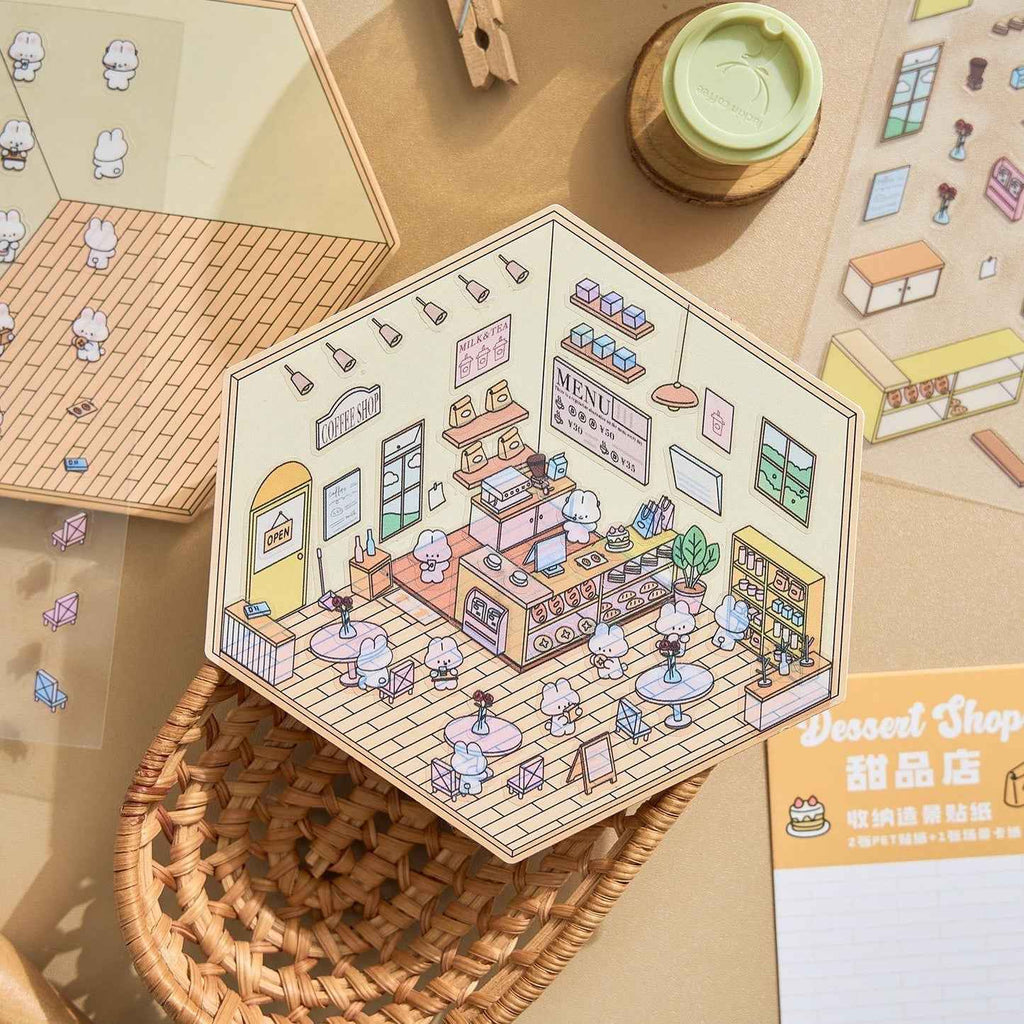 Animal Business 3D Isometric Room Stickers - 4 Theme Sets: Bunny Dessert Shop | Puppy Bookstore | Bear Flower Shop | Kitten Convenience Store