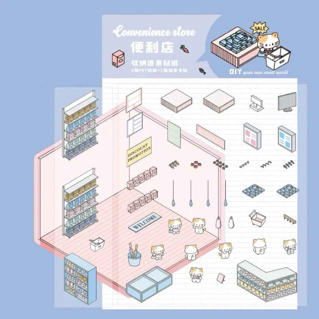 Animal Business 3D Isometric Room Stickers - 4 Theme Sets: Bunny Dessert Shop | Puppy Bookstore | Bear Flower Shop | Kitten Convenience Store