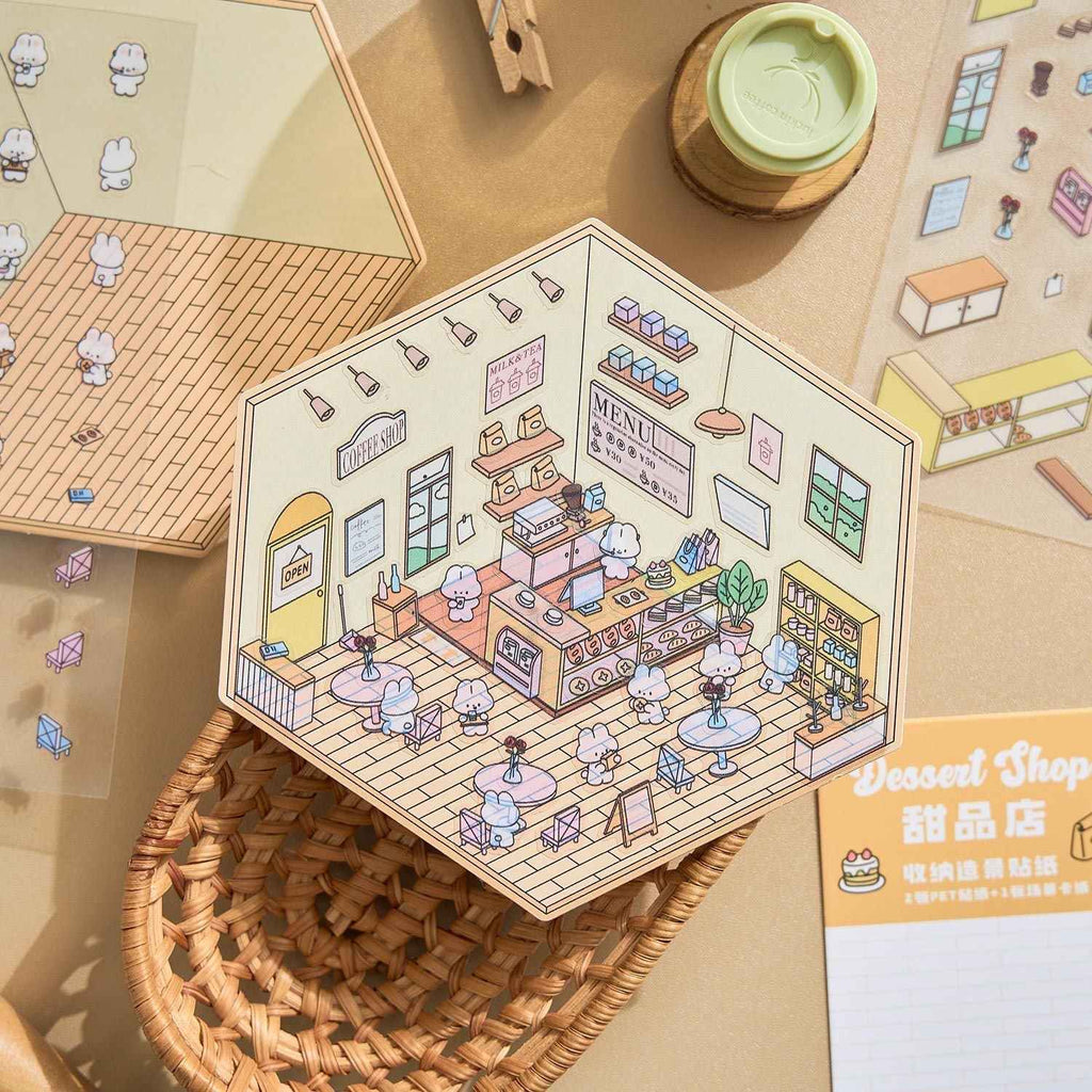 Animal Business 3D Isometric Room Stickers - 4 Theme Sets: Bunny Dessert Shop | Puppy Bookstore | Bear Flower Shop | Kitten Convenience Store