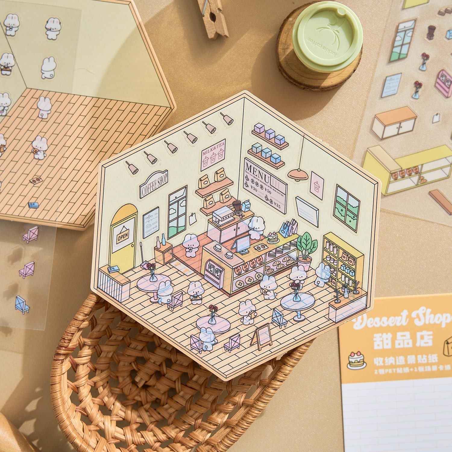 Animal Business 3D Isometric Room Stickers - 4 Theme Sets: Bunny Dessert Shop | Puppy Bookstore | Bear Flower Shop | Kitten Convenience Store