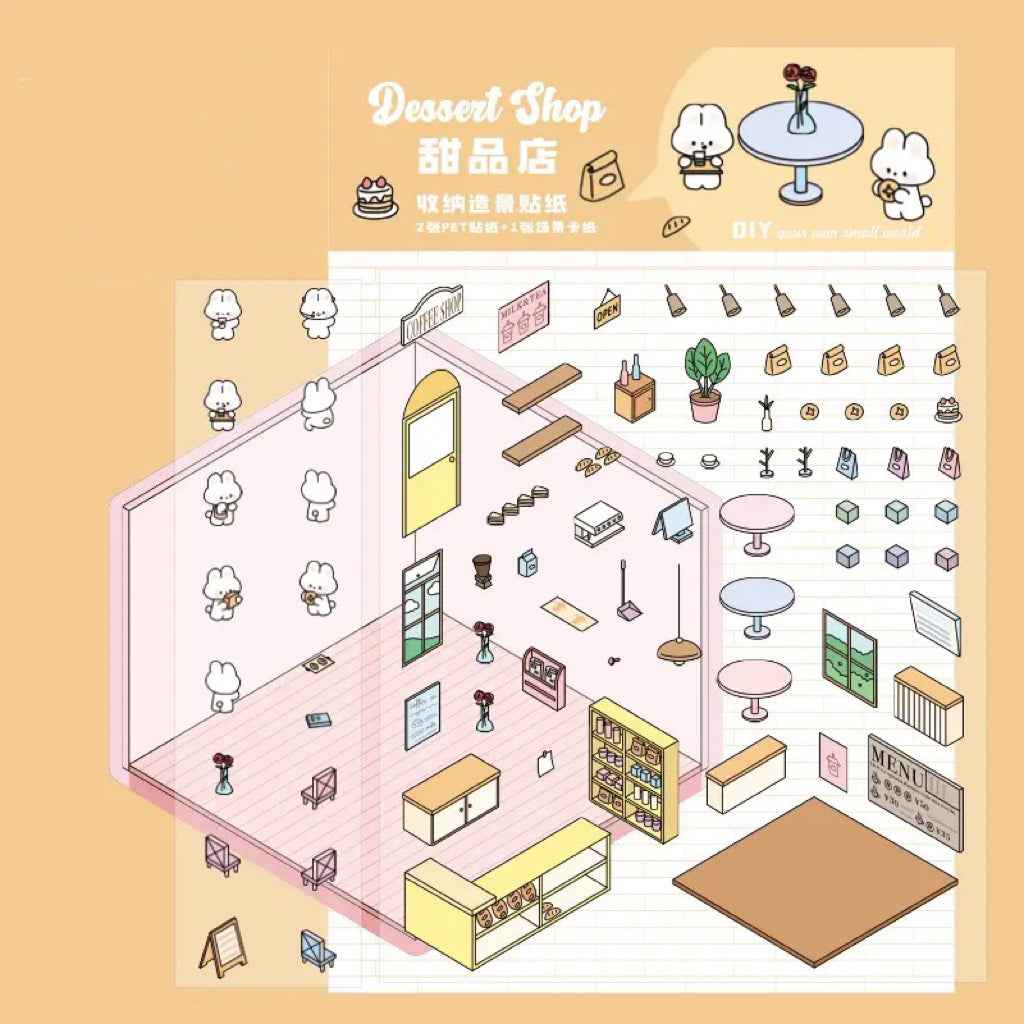 Animal Business 3D Isometric Room Stickers - 4 Theme Sets: Bunny Dessert Shop | Puppy Bookstore | Bear Flower Shop | Kitten Convenience Store