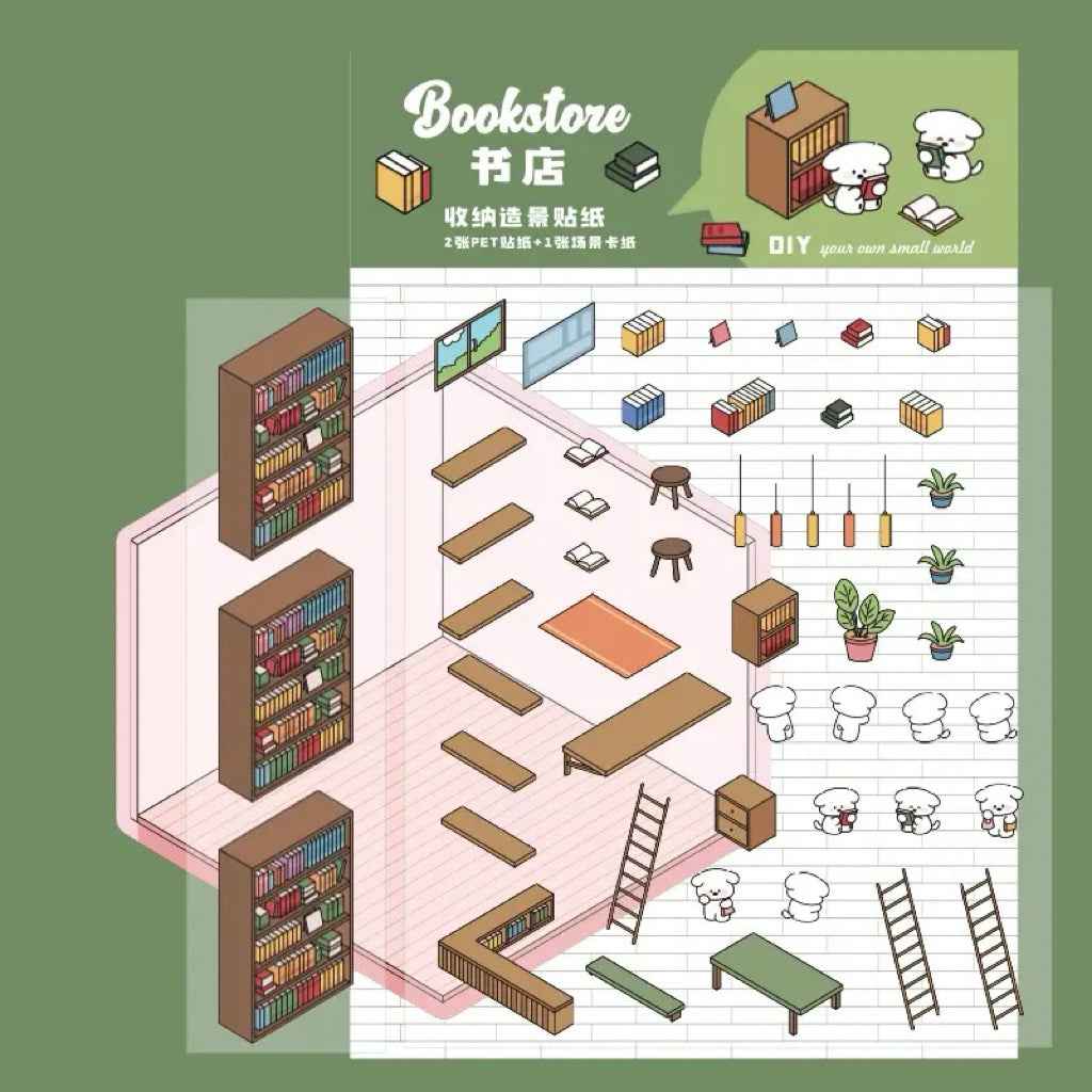 Animal Business 3D Isometric Room Stickers - 4 Theme Sets: Bunny Dessert Shop | Puppy Bookstore | Bear Flower Shop | Kitten Convenience Store