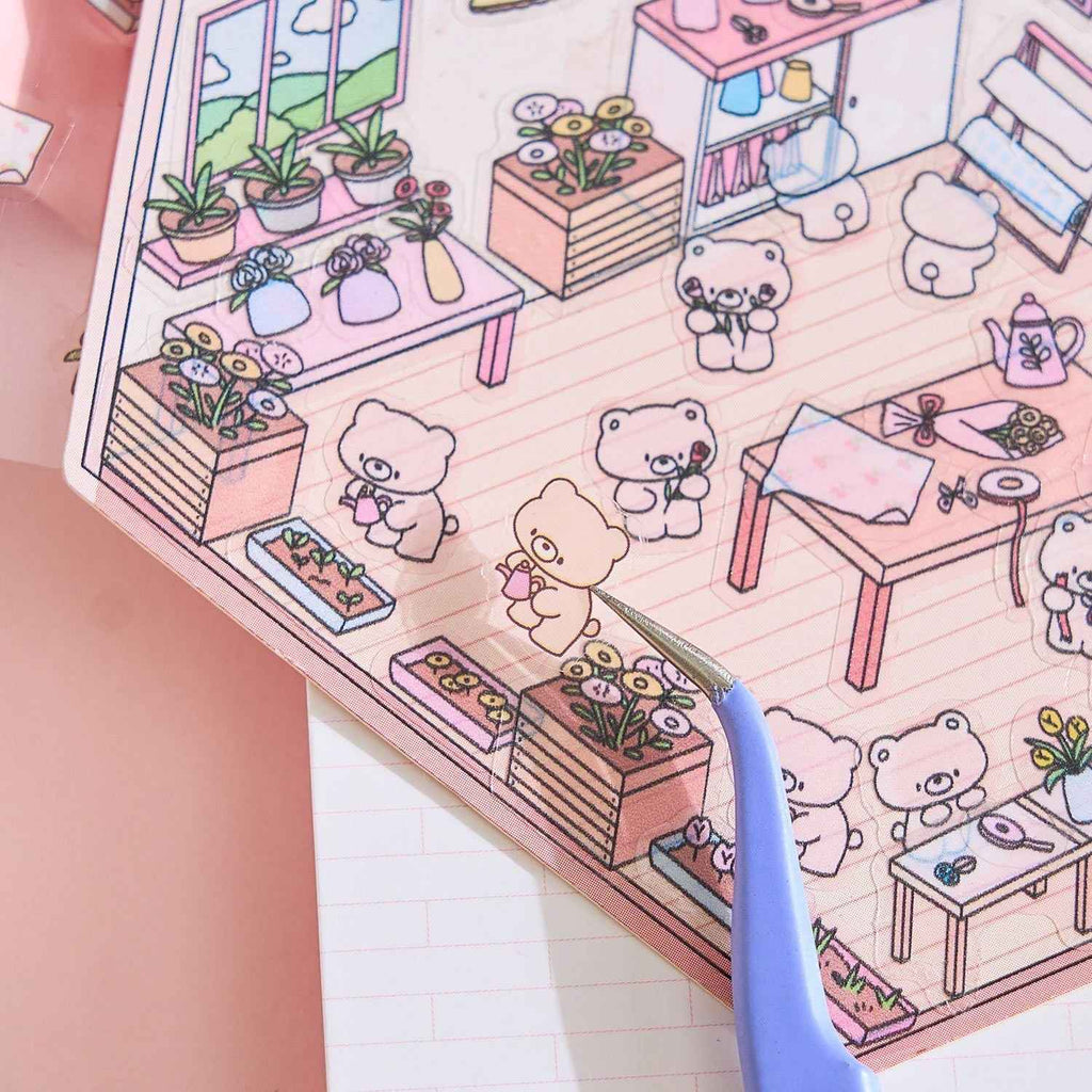 Animal Business 3D Isometric Room Stickers - 4 Theme Sets: Bunny Dessert Shop | Puppy Bookstore | Bear Flower Shop | Kitten Convenience Store