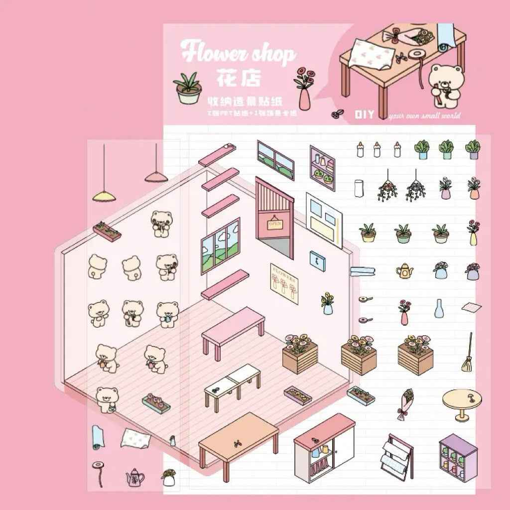 Animal Business 3D Isometric Room Stickers - 4 Theme Sets: Bunny Dessert Shop | Puppy Bookstore | Bear Flower Shop | Kitten Convenience Store