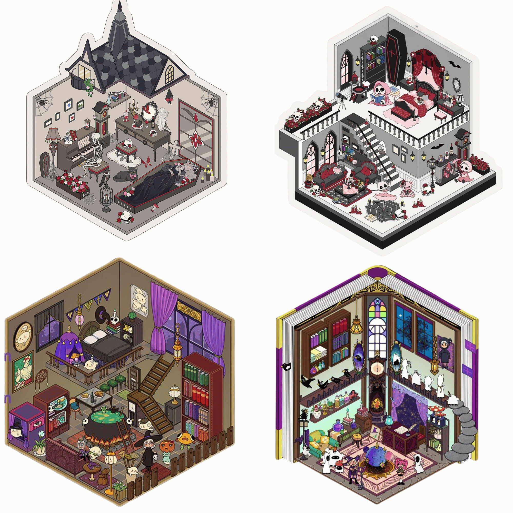 Gothic Magic House 3D Scene Sticker 4 Theme Sets: Ghost Magic House | Skeleton Guardian Lover | Skeleton Family Castle | Wizard’s Study