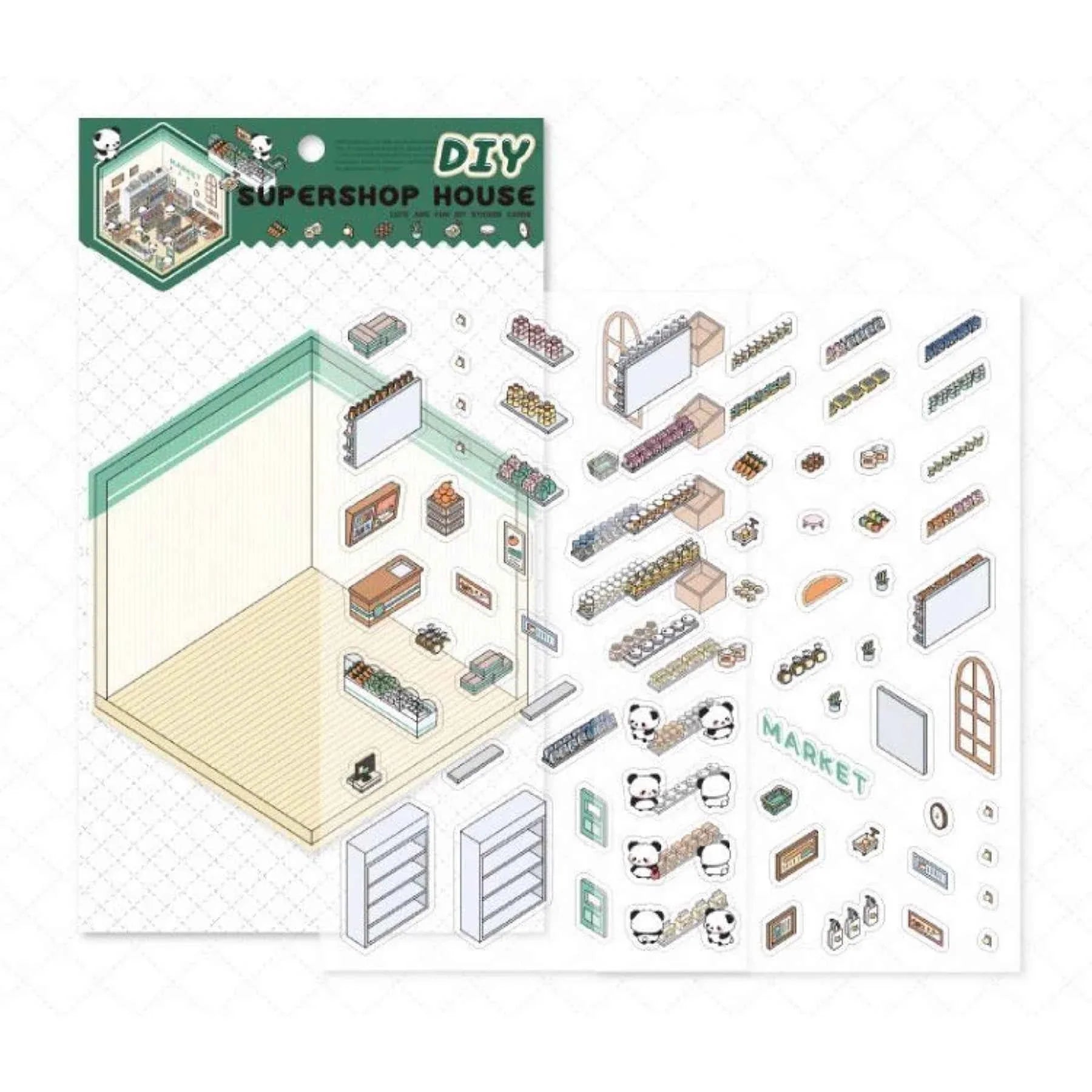 Cute Panda 3D Isometric Room Stickers - 4 Theme Sets: Panda House | Panda Bookstore | Panda Kitchen | Panda Super Shop