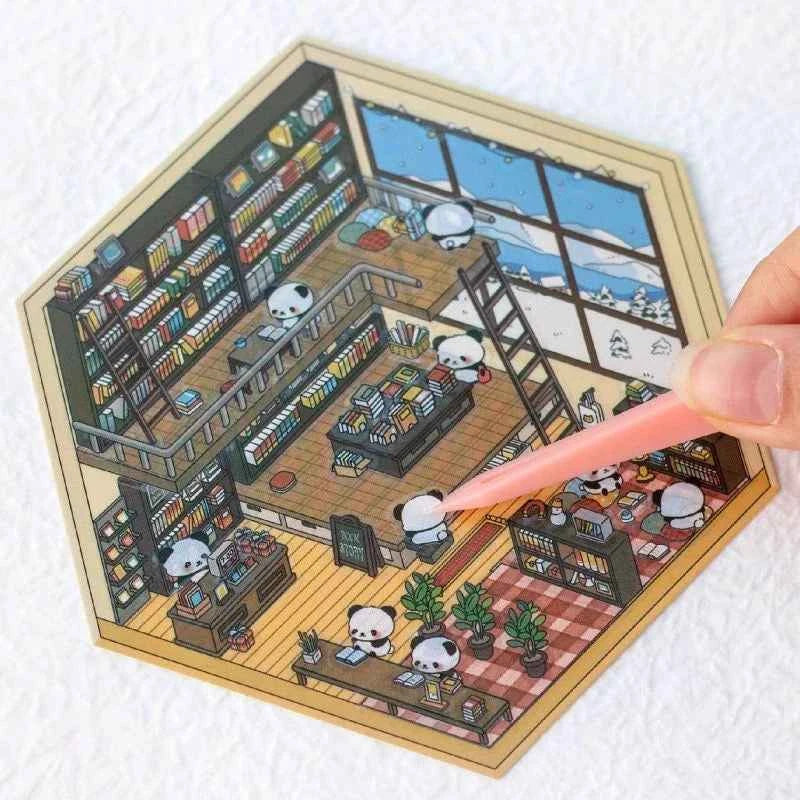 Cute Panda 3D Isometric Room Stickers - 4 Theme Sets: Panda House | Panda Bookstore | Panda Kitchen | Panda Super Shop