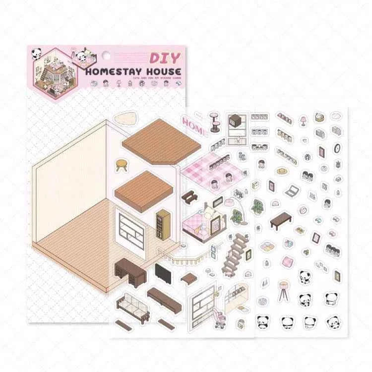 Cute Panda 3D Isometric Room Stickers - 4 Theme Sets: Panda House | Panda Bookstore | Panda Kitchen | Panda Super Shop