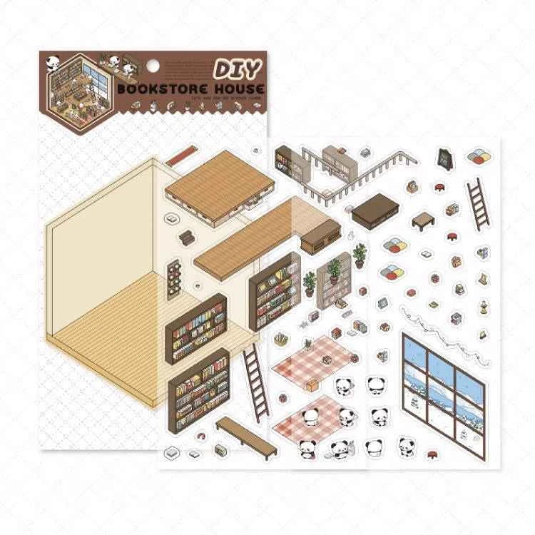 Cute Panda 3D Isometric Room Stickers - 4 Theme Sets: Panda House | Panda Bookstore | Panda Kitchen | Panda Super Shop