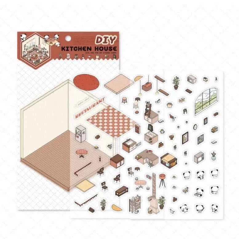 Cute Panda 3D Isometric Room Stickers - 4 Theme Sets: Panda House | Panda Bookstore | Panda Kitchen | Panda Super Shop