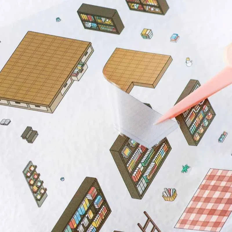 Cute Panda 3D Isometric Room Stickers - 4 Theme Sets: Panda House | Panda Bookstore | Panda Kitchen | Panda Super Shop