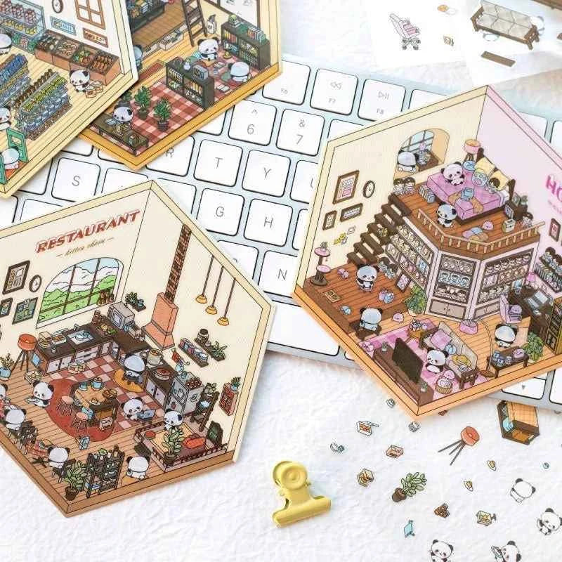 Cute Panda 3D Isometric Room Stickers - 4 Theme Sets: Panda House | Panda Bookstore | Panda Kitchen | Panda Super Shop