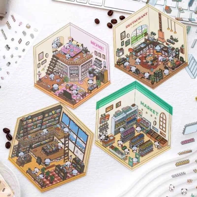 Cute Panda 3D Isometric Room Stickers - 4 Theme Sets: Panda House | Panda Bookstore | Panda Kitchen | Panda Super Shop