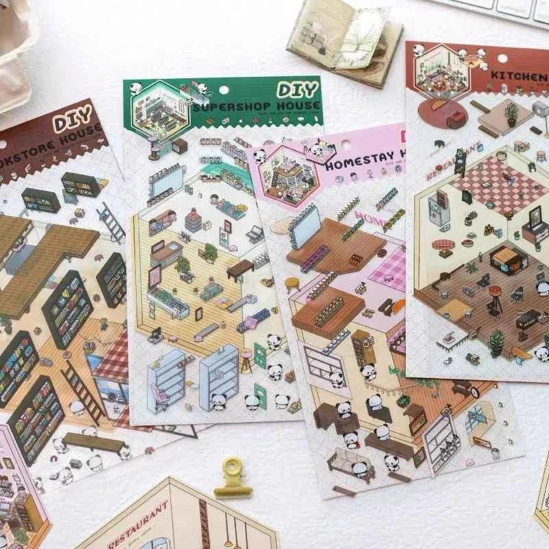 Cute Panda 3D Isometric Room Stickers - 4 Theme Sets: Panda House | Panda Bookstore | Panda Kitchen | Panda Super Shop