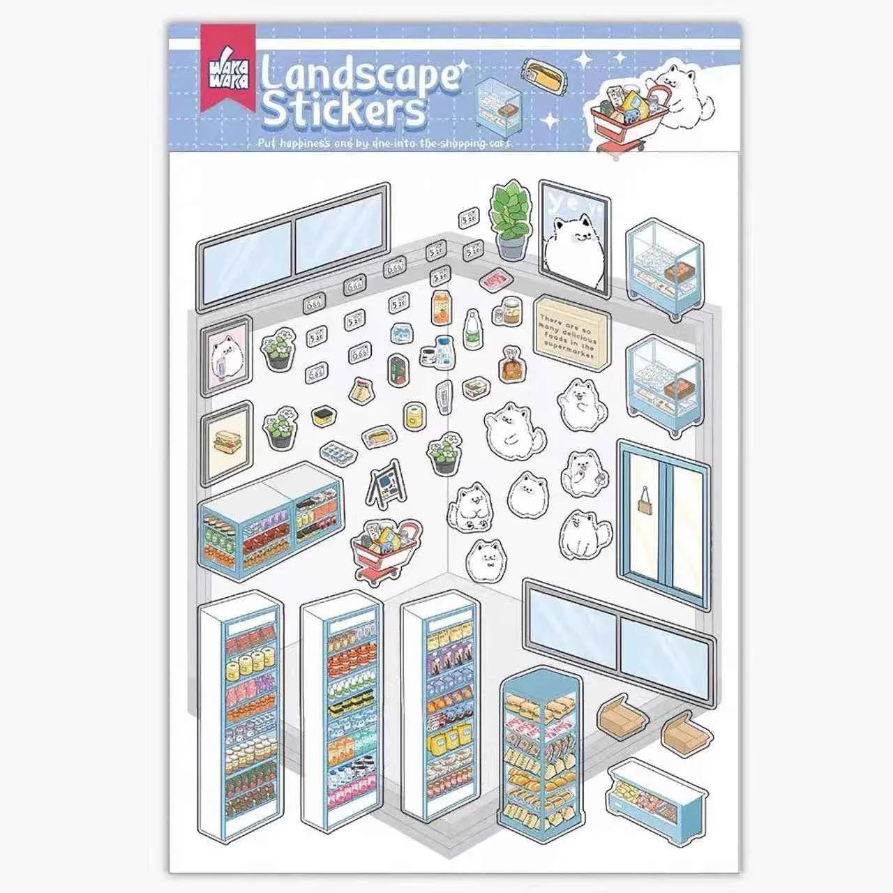 Samoyed's Day 3D Isometric Room Stickers - 6 Theme Sets: Samoyed Grocery Store | Samoyed Library | Samoyed Buffet | Samoyed Bakery Shop | Samoyed Bathroom | Panda Room