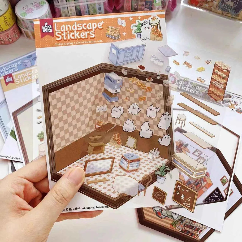 Samoyed's Day 3D Isometric Room Stickers - 6 Theme Sets: Samoyed Grocery Store | Samoyed Library | Samoyed Buffet | Samoyed Bakery Shop | Samoyed Bathroom | Panda Room
