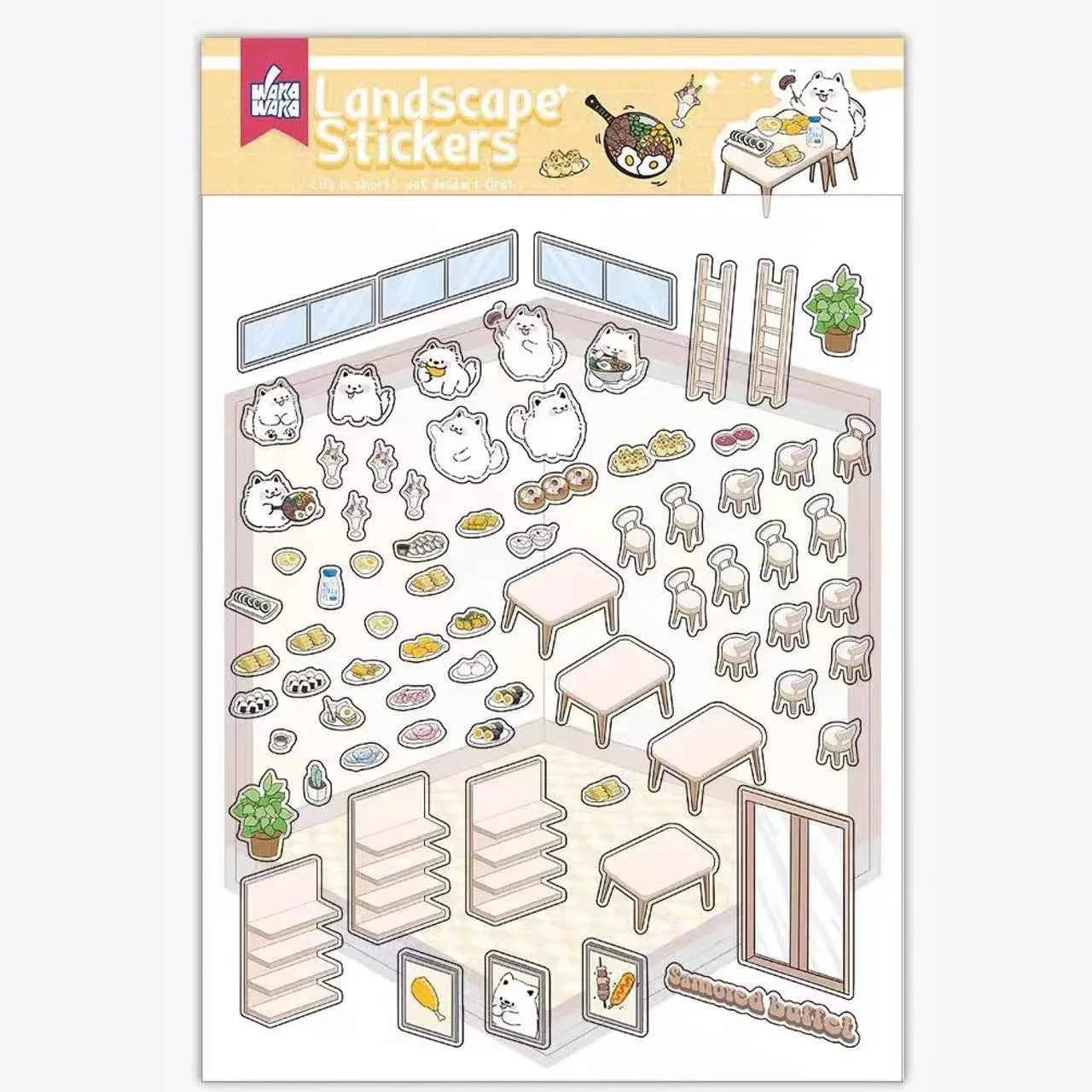 Samoyed's Day 3D Isometric Room Stickers - 6 Theme Sets: Samoyed Grocery Store | Samoyed Library | Samoyed Buffet | Samoyed Bakery Shop | Samoyed Bathroom | Panda Room