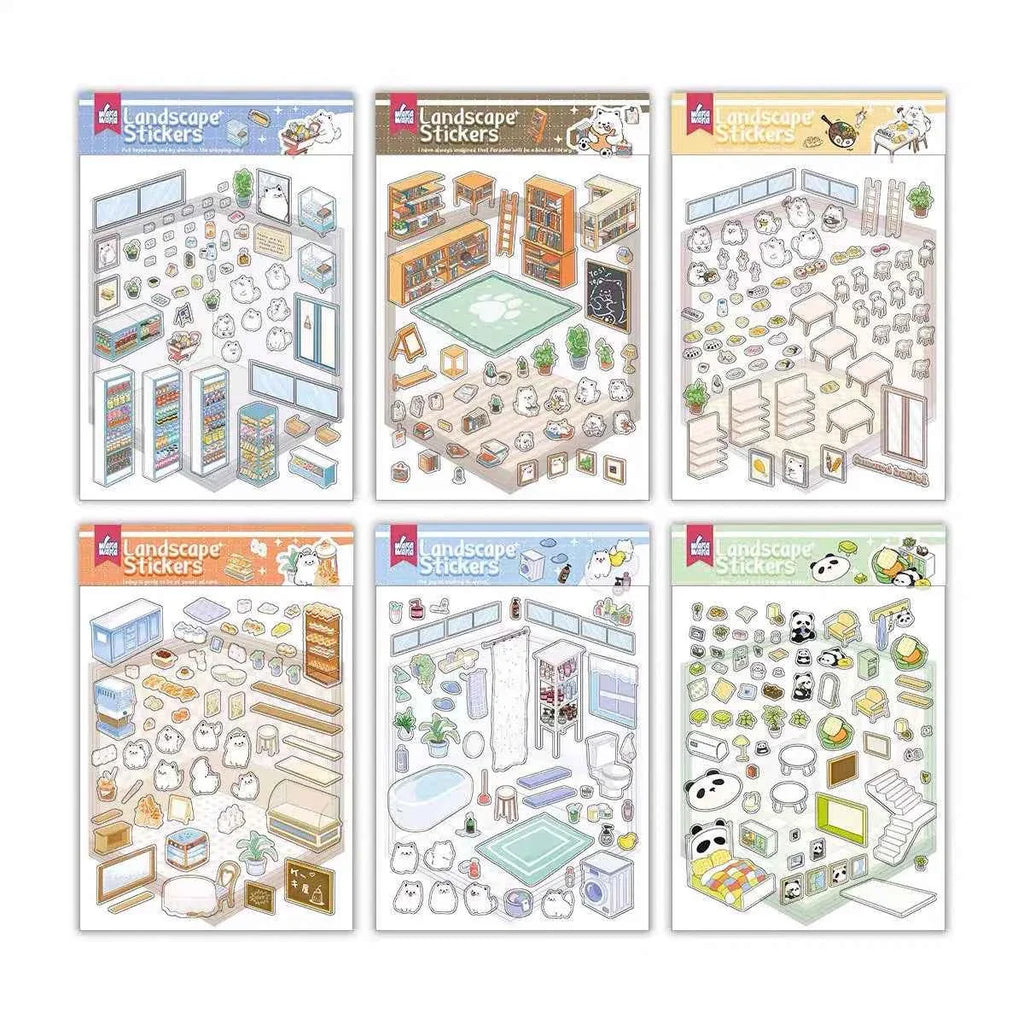 Samoyed's Day 3D Isometric Room Stickers - 6 Theme Sets: Samoyed Grocery Store | Samoyed Library | Samoyed Buffet | Samoyed Bakery Shop | Samoyed Bathroom | Panda Room