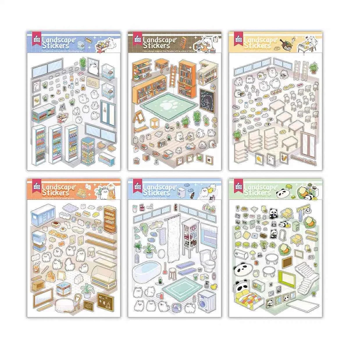 Samoyed's Day 3D Isometric Room Stickers - 6 Theme Sets: Samoyed Grocery Store | Samoyed Library | Samoyed Buffet | Samoyed Bakery Shop | Samoyed Bathroom | Panda Room