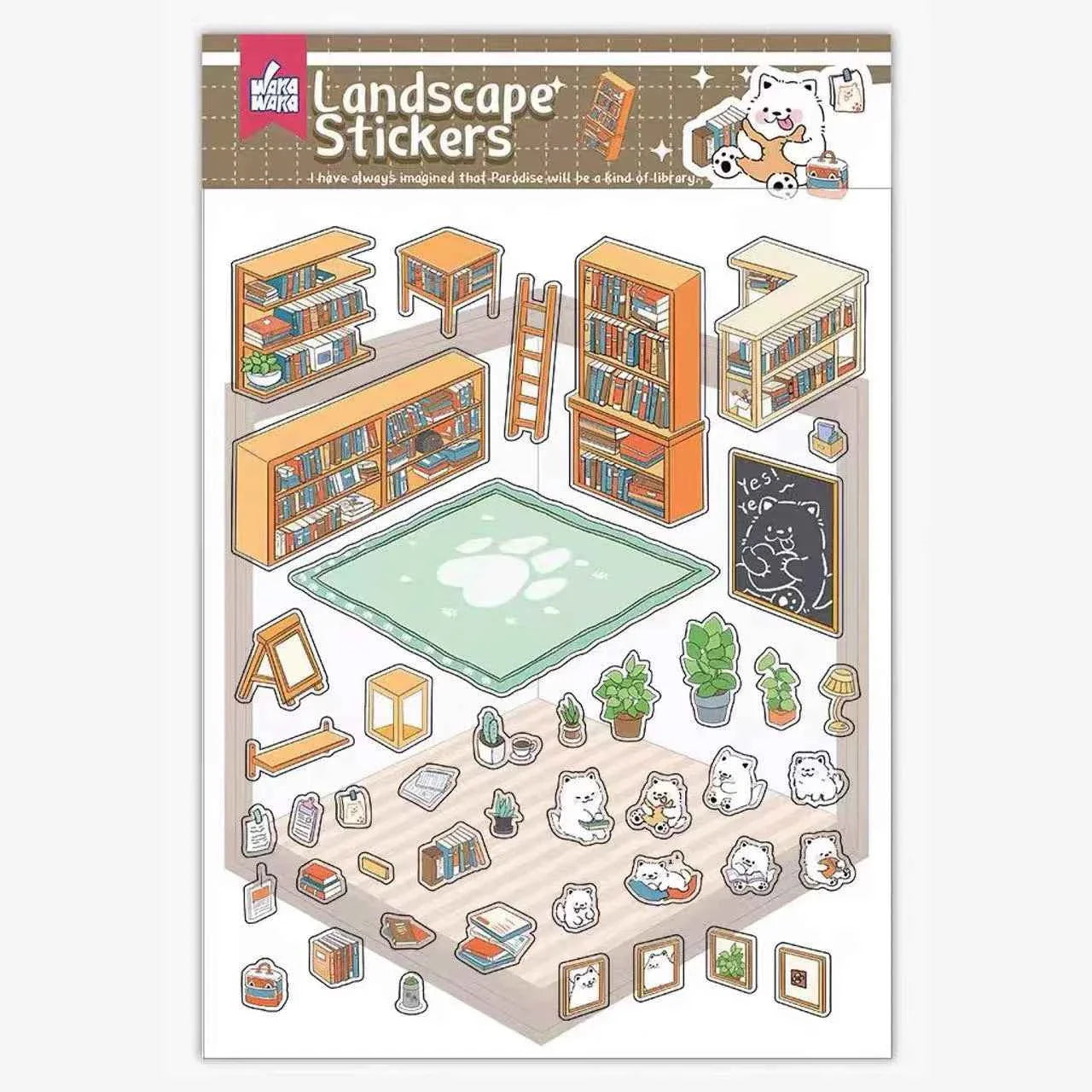 Samoyed's Day 3D Isometric Room Stickers - 6 Theme Sets: Samoyed Grocery Store | Samoyed Library | Samoyed Buffet | Samoyed Bakery Shop | Samoyed Bathroom | Panda Room