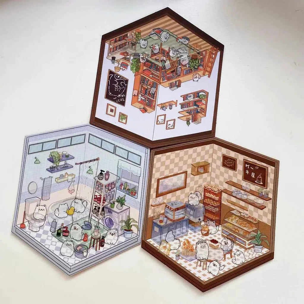 Samoyed's Day 3D Isometric Room Stickers - 6 Theme Sets: Samoyed Grocery Store | Samoyed Library | Samoyed Buffet | Samoyed Bakery Shop | Samoyed Bathroom | Panda Room