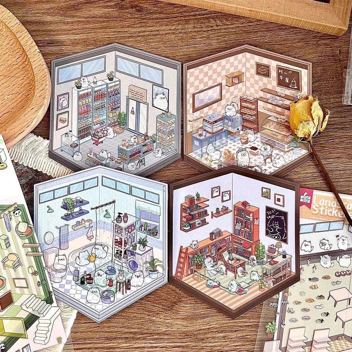 Samoyed's Day 3D Isometric Room Stickers - 6 Theme Sets: Samoyed Grocery Store | Samoyed Library | Samoyed Buffet | Samoyed Bakery Shop | Samoyed Bathroom | Panda Room