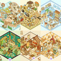 Cute Cat Shop Adventures 3D Isometric Room Stickers - 6 Theme Sets: Cat Burger Shop | Cat Ferris Wheel Sushi | Cat Hot Spring | Cat Pizza Shop | Cat Convenience Store | Cat Snack Restaurant