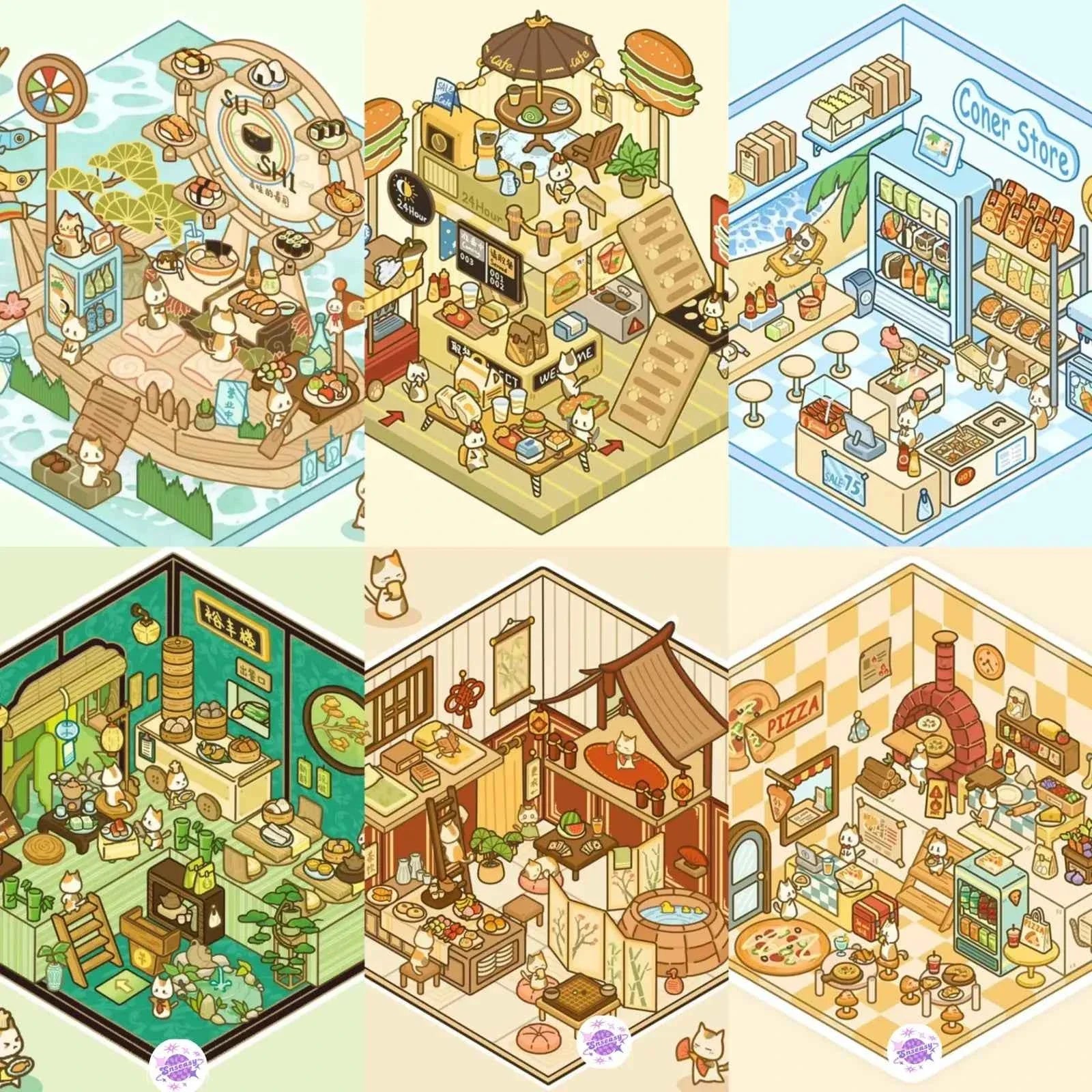 Cute Cat Shop Adventures 3D Isometric Room Stickers - 6 Theme Sets: Cat Burger Shop | Cat Ferris Wheel Sushi | Cat Hot Spring | Cat Pizza Shop | Cat Convenience Store | Cat Snack Restaurant
