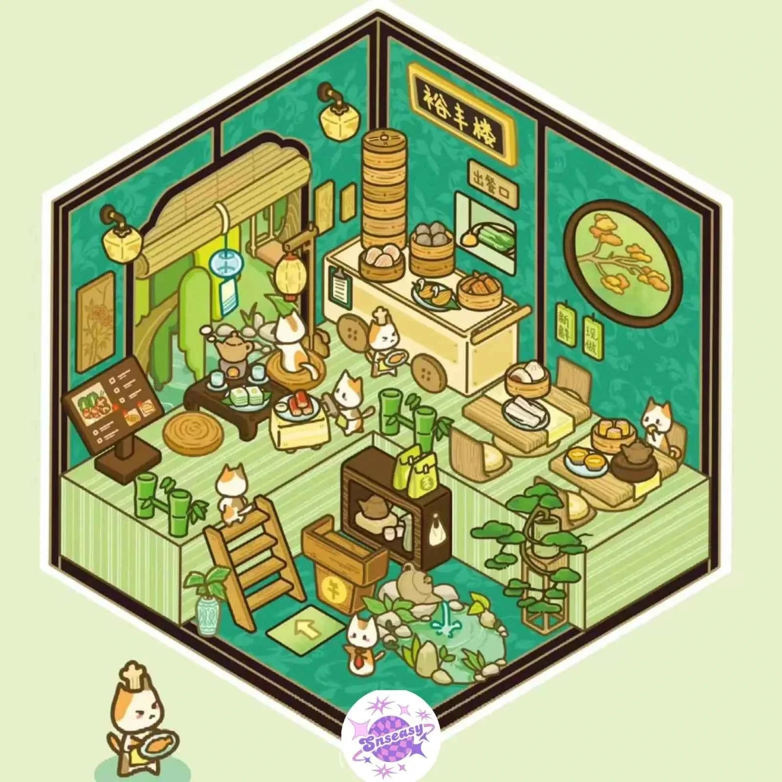 Cute Cat Shop Adventures 3D Isometric Room Stickers - 6 Theme Sets: Cat Burger Shop | Cat Ferris Wheel Sushi | Cat Hot Spring | Cat Pizza Shop | Cat Convenience Store | Cat Snack Restaurant