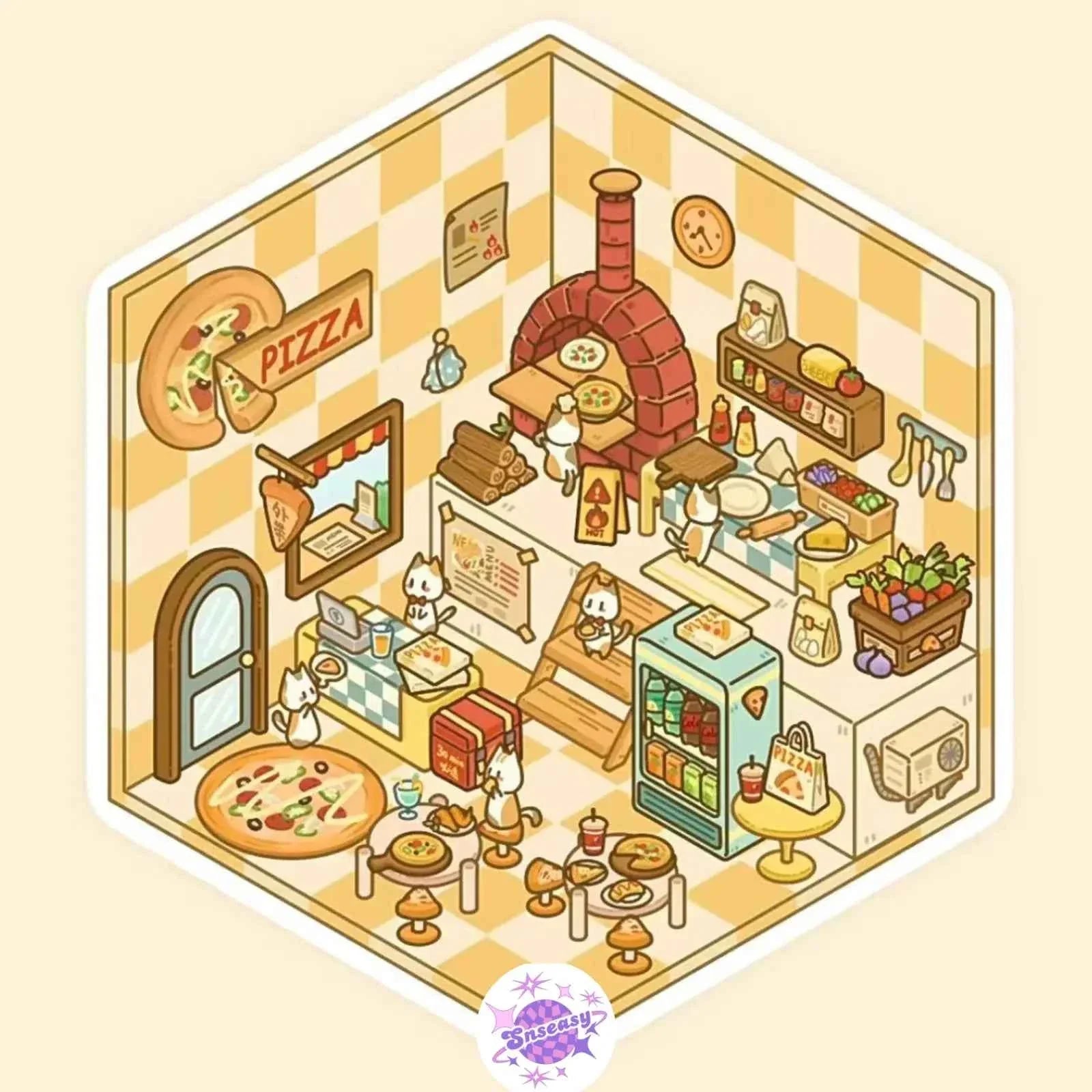 Cute Cat Shop Adventures 3D Isometric Room Stickers - 6 Theme Sets: Cat Burger Shop | Cat Ferris Wheel Sushi | Cat Hot Spring | Cat Pizza Shop | Cat Convenience Store | Cat Snack Restaurant
