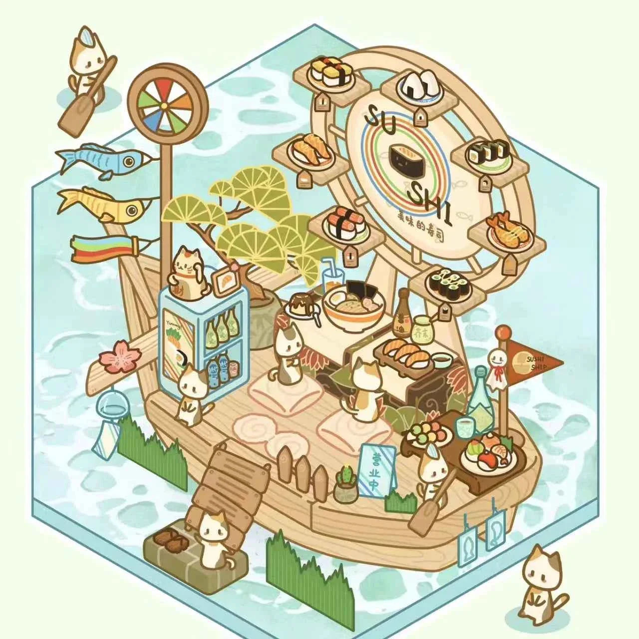 Cute Cat Shop Adventures 3D Isometric Room Stickers - 6 Theme Sets: Cat Burger Shop | Cat Ferris Wheel Sushi | Cat Hot Spring | Cat Pizza Shop | Cat Convenience Store | Cat Snack Restaurant